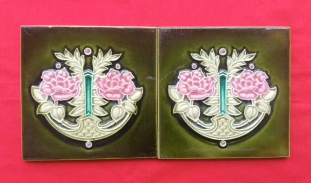 2 Piece Old Art Deco Floral Design Majolica Ceramic Tiles England 0129