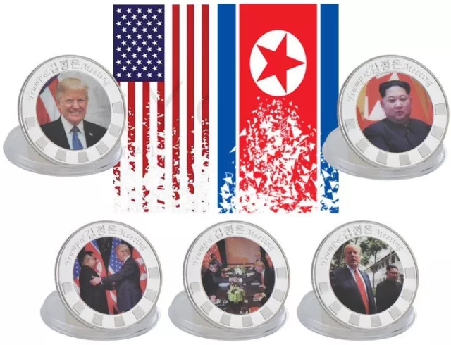 5 MEDAILLEN SET - USA & KOREA / Donald Trump & Kim Jong-Un - SILBER AUFLAGE