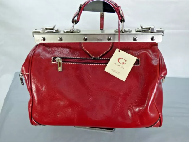 Brandneu mit Etikett IL Giglio Tasche Retro-Stil rotes Leder großer Arzt Handwerker Florenz hergestellt