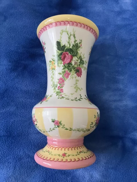 Laura Ashley Floral Footed Vase Rose With White Pink Yellow. 9 Inch High. Nice!!