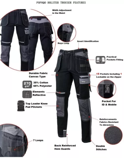 Mens Slim Fit Cargo Combat Work Trousers Holster & Knee Pads Pockets Heavy Duty