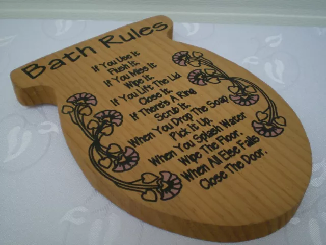NEW ~ *Bath Rules*  Hand Painted on Carved Thick Wood ~ Wall Art ~ Excellent