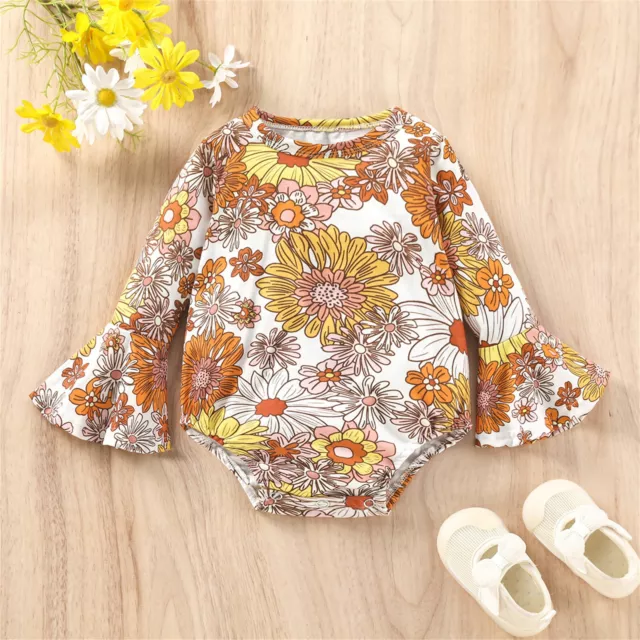 Newborn Infant Baby Girls Cotton Floral Autumn Long Sleeve Ruffle Romper