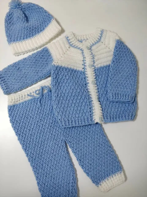 *NEUF* Ensemble crochet fait main pour garçons : pantalon, pull, bonnet, taille 12-24 mois