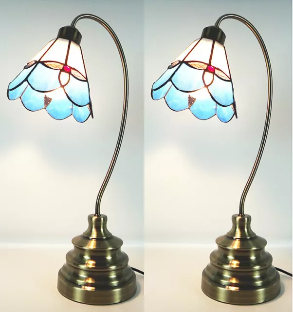 Vintage Tiffany Classic Style Antique Stained Glass Desk Table Lamps