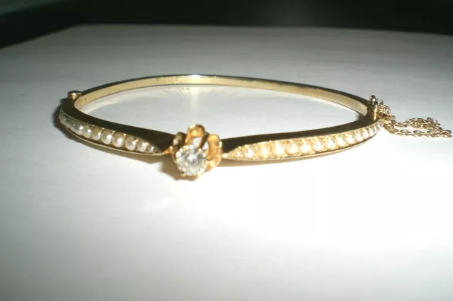 14K GOLD DIAMOND PEARL Hinged Bangle Bracelet .20 ct Diamond Solitaire 6" small