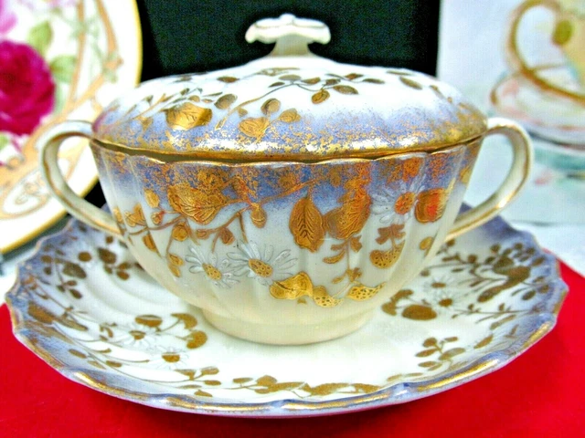Nippon tea cup and saucer raised gold double handle teacup lavender painted set