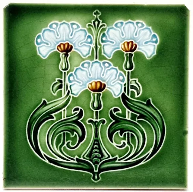 Art Nouveau Fireplace Tile Green Majolica Floral Design T & R Boote 1906