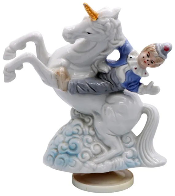 Vintage Ceramic Clown Riding Unicorn 9" Music Box - Plays "Send in the Clowns"