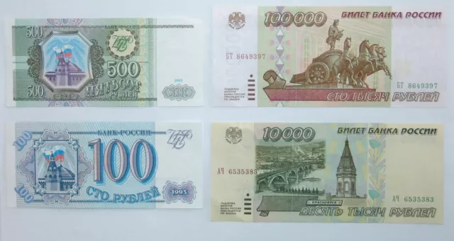 100.000 Rubel 10.000 Rubel 1995 100 und 500 Rubel 1993 Banknoten Russland