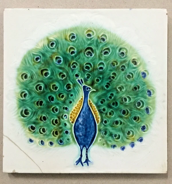 Vintage Majolica Tile  DANCING PEACOCK  6in x 6in Japan . (9217)