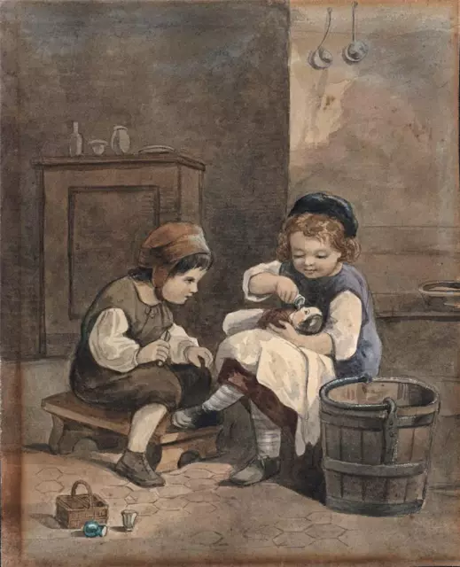 Antique Watercolour Painting - Two Seated Children With Doll - 19th Century