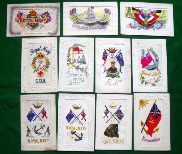 Collection x 11 WW1 Military Embroidered Silk Postcards ROYAL NAVY Patriotic etc