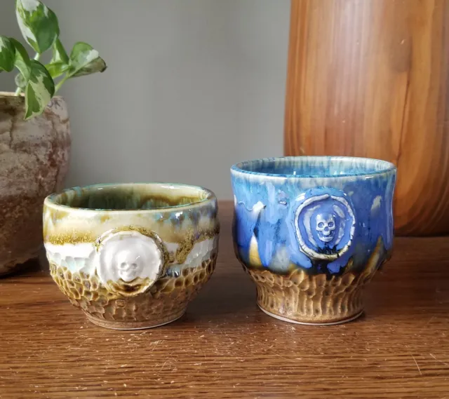 Set of 2 Studio Crafted Art Pottery Small Sake Cups w/ Texture & Skull Detail