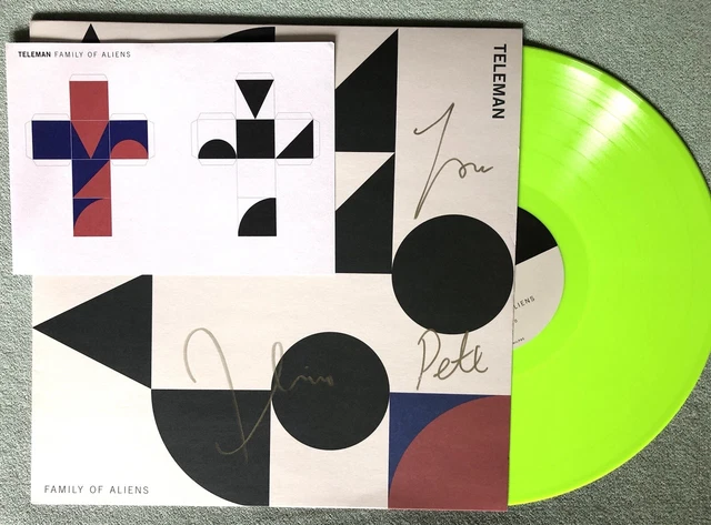 TELEMAN -  FAMILY OF ALIENS HAND SIGNED Fluorescent Green RECORD AUTOGRAPHED