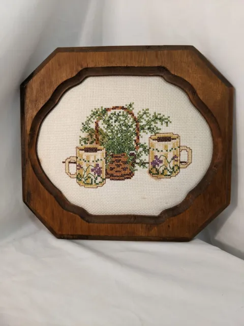 Vintage MCM Wood Framed Cross Stitch Coffee Mugs Plants TEA CUPS basket flowers