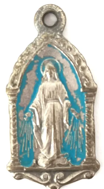 Vintage Catholic Blue Enamel Virgin Mary Religious Medal Charm Italy