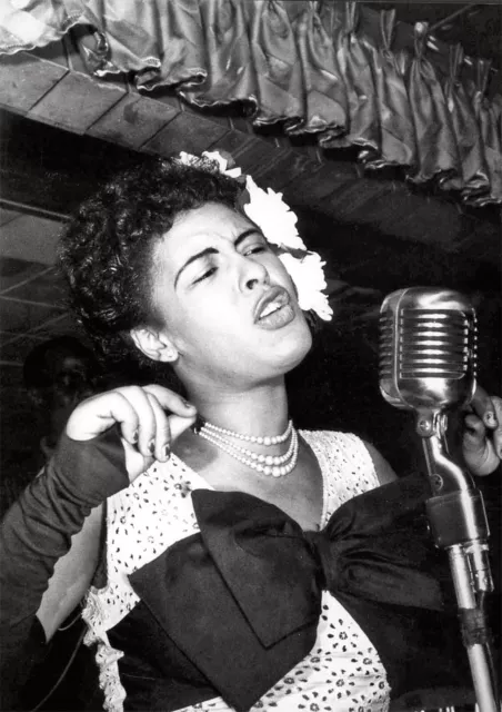 Billie Holiday Singing Jazz Legend Mic BW POSTER