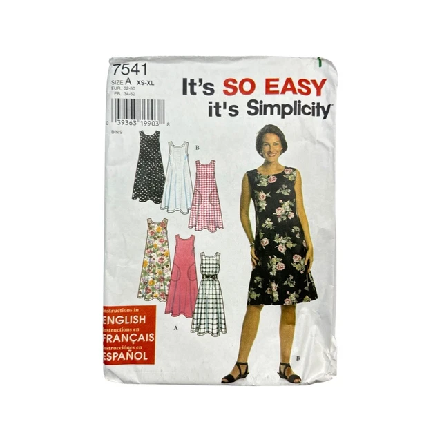 7541 Simplicity So Easy Vestido Sin Mangas Patrón de Costura Talla Xs - XL Sin Cortar