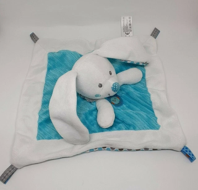05 - Doudou Plat Nicotoy Simba Lapin Blanc Bleu Pois Oiseau Neuf