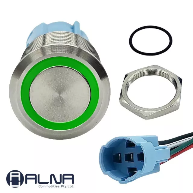Round Switch Push Button Latching ON OFF 12V 16mm NO NC IP67 GREEN LED RING
