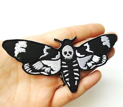 Black & White Moth Skull Deaths Head Patch Iron-On/Sew On, Biker Alt, Skeleton