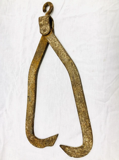 VINTAGE Antique Metal Hinged 20" BLOCK ICE TONGS Log Hay grabber Primitive