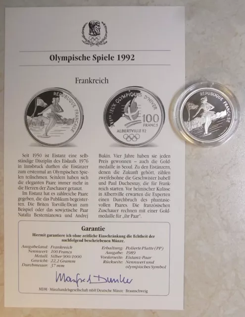 100 Francs Olympische Spiele 1992 Eistanz-Paar Silber PP