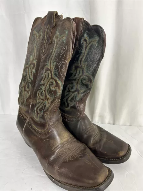 Justin Boots Womens Size 9B Brown Teal Cowboy Western Square Toe Boots