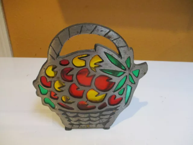 Vintage cast iron with stained glass basket with cherries napkin holder