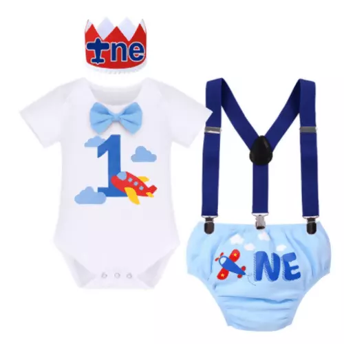 Baby Boy first birthday outfit 4 pcs Airplane themed party cake smash