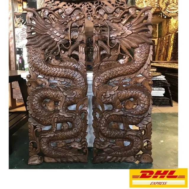 2 Pcs. Wood Carved Dragon Pattern Animal Wall Art Panels Home Decor Brown Extra