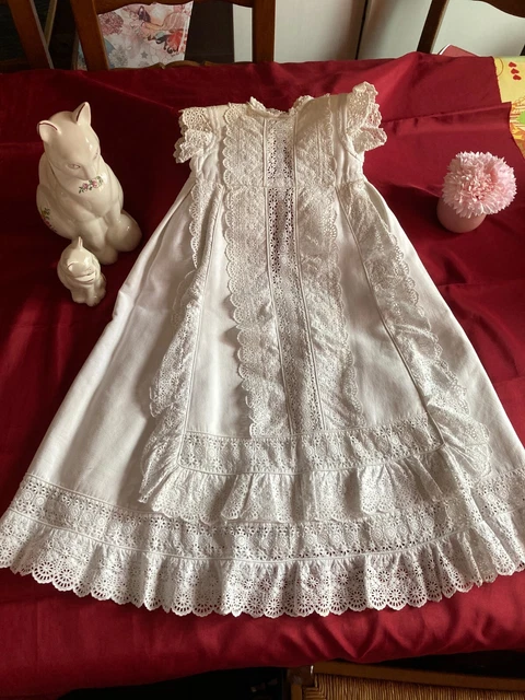 ROBE DE BAPTEME Ancienne Broderie Anglaise Manches Courtes EUR 30,00 - FR