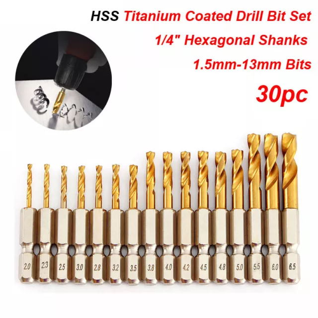 30pc HSS Titanium Coated Drill Bit Set 1/4" Hexagonal Shanks 1.5mm-13mm Bits