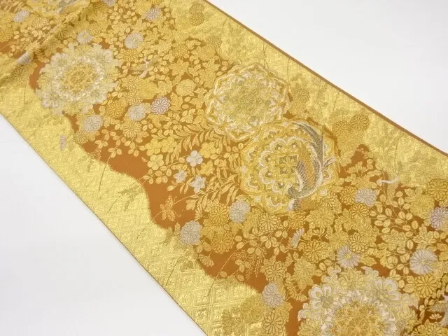 6062750: Japanese Kimono / Vintage Fukuro Obi / Gold Foil / Woven Flower Crest &