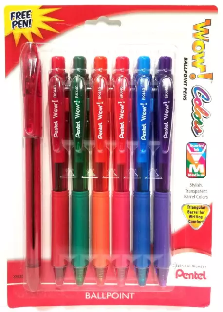 NEW Pentel Wow! Retractable Ballpoint Pens 6-PK 1.0mm Colors +1 RSVP Pen BK440
