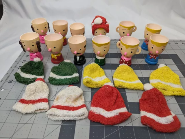 Napco Wooden Egg Cup Holder Lot of 12 Painted Face Stocking Hats