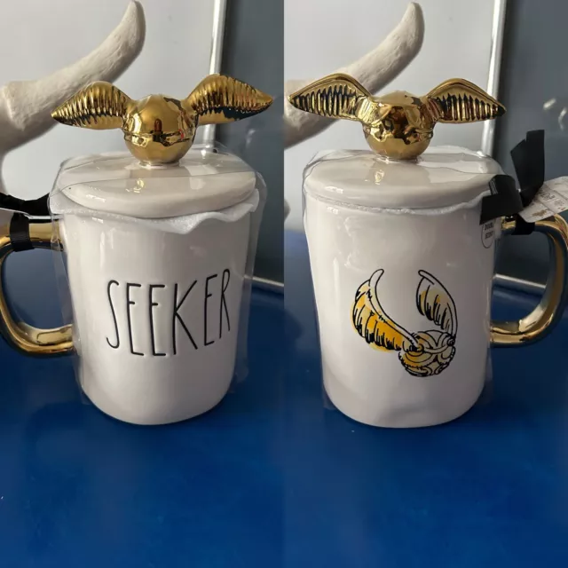 NWT Rae Dunn Harry Potter Double Sided Golden Snitch “SEEKER” Mug With Topper