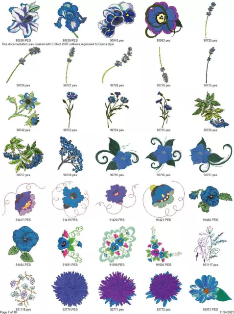 600 ASSORTED BLUE FLOWERS COLLECTION Embroidery Machine Designs Patterns PES