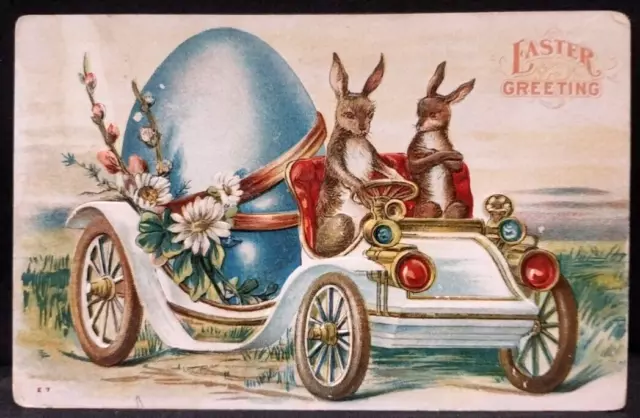 Postcard Easter Greeting Anthropomorphic Rabbits Driving Car Egg Flower Embossed