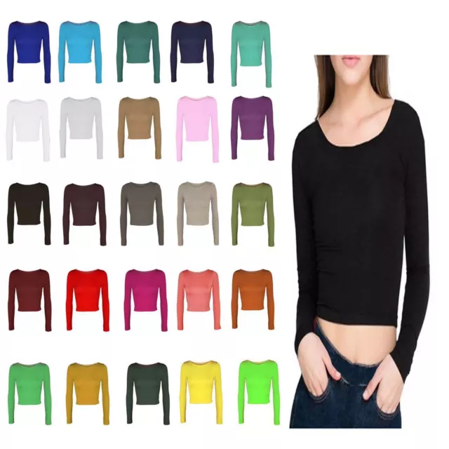 Ladies Soft Stretch Short Plain Long Sleeve Crew Neck TShirt Women Mini Crop Top