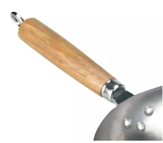 "Maniglia in legno wok acciaio al carbonio base piatta wok padella a mescolare profonda cucina cinese 12" 2