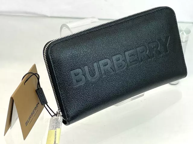 Burberry Elmore Black Logo Embossed Leather Zip Around Clutch Continental Wallet