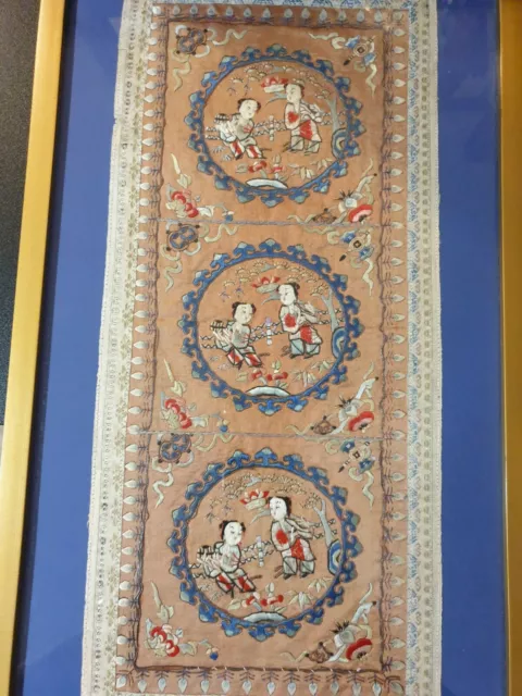 Antique Old Large Chinese Asian Silk Old Embroidery Panel Frame Folk Art Village