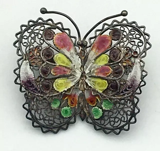 VINTAGE ENAMELED FILIGREE Butterfly Brooch Pin Marked Silver 1