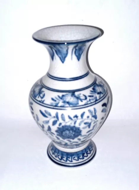 Vintage Blue & White Oriental Style Crackle Effect Floral Ceramic Vase 21cm H