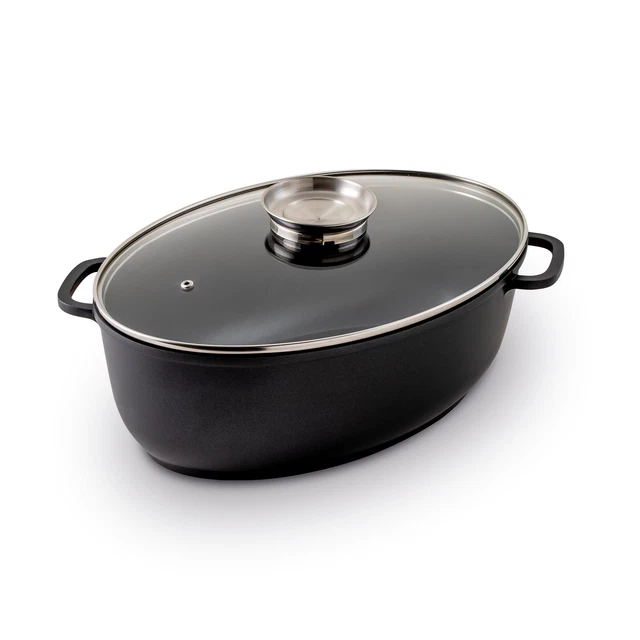 Kochtopf Bräter Aromabräter mit Glasdeckel Oval Aluminium 7,7 Liter 38x26cm KHG