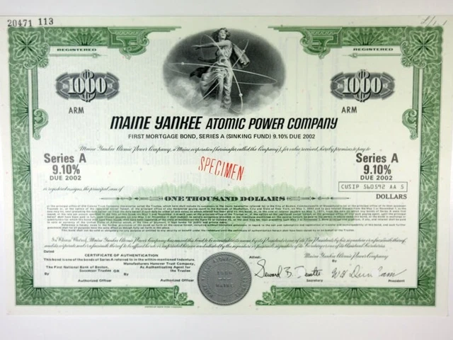 Maine Yankee Atomic Power Co., 1990s $1,000 Registered 9.10% Specimen Bond, Unc