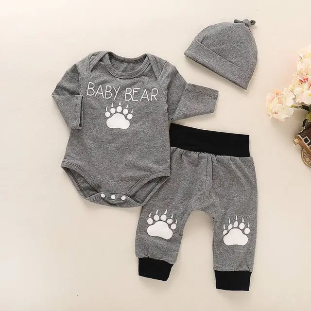 Newborn Baby Boys Outfit Clothes Set BEAR Long Sleeve Romper Tops+Pants+Hat 0-18