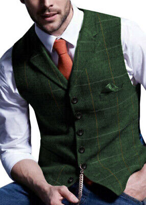 Men Wool Blend Herringbone Retro Tweed Waistcoat Plaid Slim Fit Formal Suit Vest